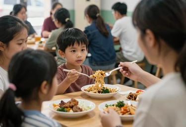 A volunteer handing a warm meal to a grateful family in a cozy community center.
