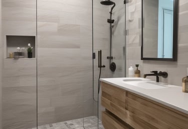 Close-up of hands skillfully laying intricate tile patterns in a bathroom remodel.