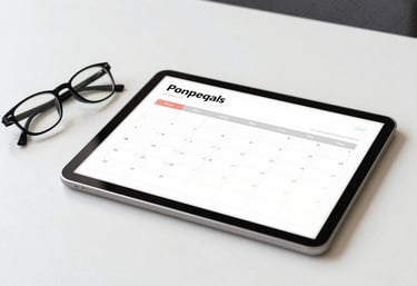 A clean, minimalist desk with a digital tablet showing a business calendar and spectacles. Bright, professional European / Portuguese atmosphere.