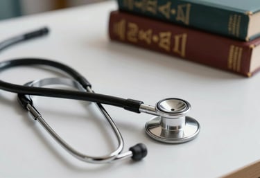 A professional stethoscope on a clean desk with legal books in the background, South American clinical setting, representing the medical law specialty.