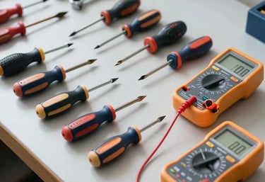 A neat arrangement of professional electrician tools including screwdrivers and a multimeter on a clean workbench in a Spanish / Andalusian workshop. Copper and dark blue accents.