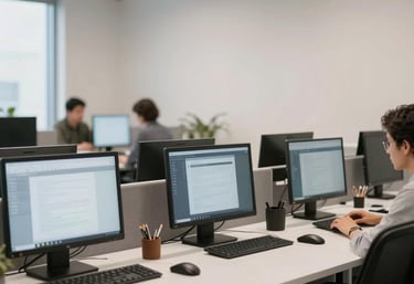 Bright and organized office workspace in Latinoamericana, showing efficiency through clean design, modern technology, and soft ambient lighting.