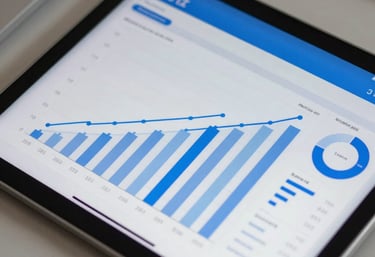A close-up photograph of a digital tablet showing a series of clear financial growth charts and analytical reports. The setting is a professional office with royal blue and white colors, symbolizing transparency and growth.