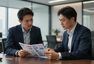 A meeting between two professionals in a modern North American office, reviewing a catalog of medical supplies. Sophisticated corporate B2B atmosphere with dark navy tones.