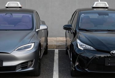 A sleek Tesla Model S parked in front of a modern building, ready for a professional ride.