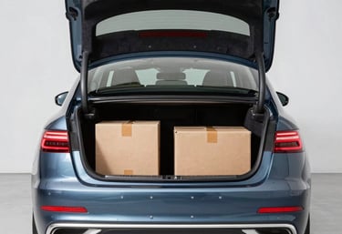 A close-up of a package being carefully loaded into a taxi, emphasizing urgent parcel delivery.