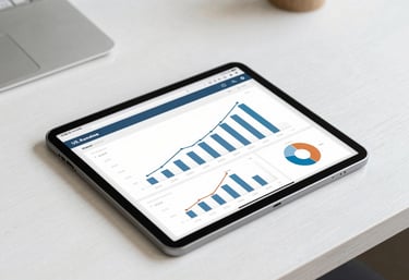 A sleek digital tablet displaying a clean, professional analytics dashboard with growth charts, placed on a white wooden desk in the US.