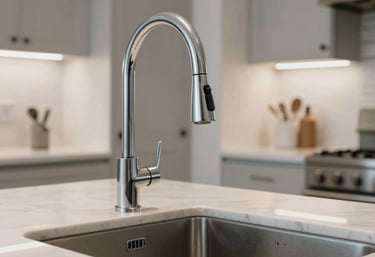 An interior shot of a contemporary North American / US kitchen with a high-end faucet and deep sink, sparkling clean, highlighting a successful professional plumbing installation.