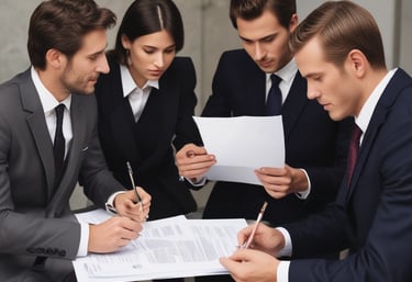 Equipo de personas que son abogados en posición de pie y brazos cruzados demostrando fuerza