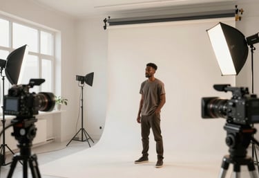 A bright, airy photo of a modern studio space with professional lighting and cameras, Global / African diaspora, ready for a creator's content shoot. Pale off-white and charcoal color palette.