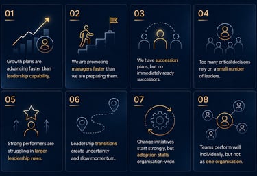 Business infographic outlining eight common challenges in leadership development and organizational growth.