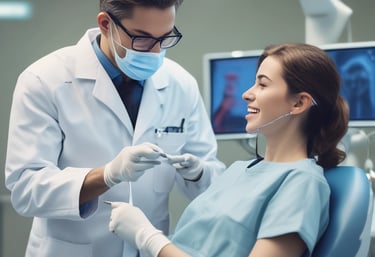 Close-up of a dentist using a digital assistant in a modern dental clinic.