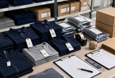 Uniformes corporativos doblados con etiquetas de talla y preparación logística para proyecto B2B
