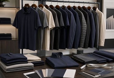 Rack de uniformes corporativos premium en tonos navy, negro, gris y beige con muestrarios textiles
