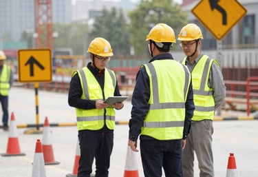 Industrial workers wearing reflective vests and helmets inspecting a construction site with traffic cones and safety signs.