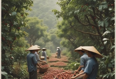 A cozy coffee roasting workshop with bags of fresh coffee beans and a roaster in action.