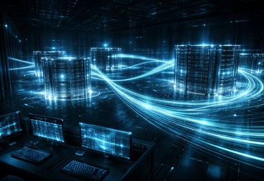 Futuristic data center with glowing blue fiber optic cables connecting server racks and monitoring screens.