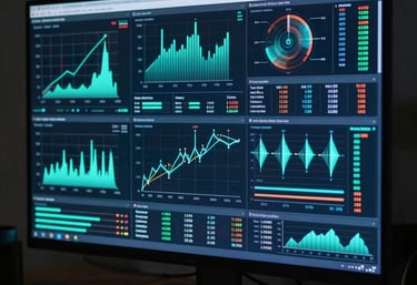 High-resolution display showing complex data visualizations and analytics in a dark, professional room in North America, lit by cyan glow.
