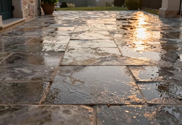 A pristine stone terrace of a Central European / French home, sparkling clean after a professional wash. The wet stone tiles reflect the soft amber light of late afternoon, showcasing professional cleaning results.