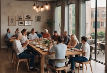 A warm community dining area where residents share a meal and laughter.
