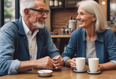 A small group of smiling seniors enjoying a lively conversation around a dining table in a bright, welcoming community room.