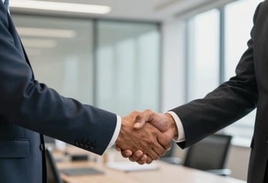 A professional handshake between two business people in a South Asian / Indian office setting, symbolizing a successful partnership and mutual trust, well-lit and sophisticated.