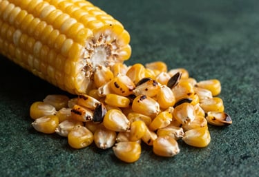 Close-up shot. A handful of roasted golden corn kernels and dark seeds spilling onto a dark forest green textured surface, highlighting the crunch and quality.