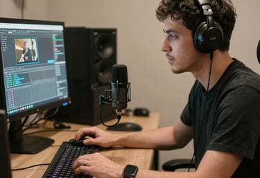 Close-up of a music producer analyzing sound waves on a dark studio screen.