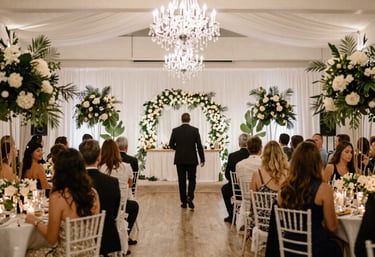A lively event scene with guests joyfully using a modern photo booth surrounded by warm lighting.