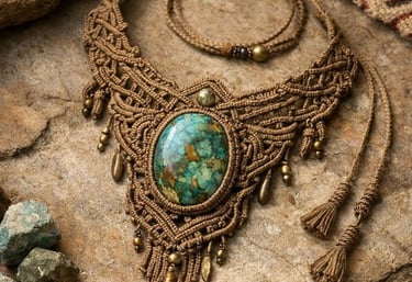 Collar bohemio de macramé hecho a mano, con un gran colgante de piedra turquesa,