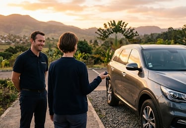 Propriétaire serein et satisfait après la livraison réussie de son véhicule par Convoi-RM