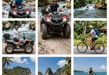 A group of happy travelers enjoying a scenic ride through Bali’s lush countryside.