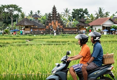 A vibrant Balinese market scene with local vendors engaging happily with customers.