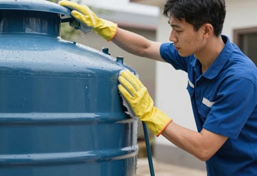Professional team cleaning a large water tank with modern equipment under bright lighting.