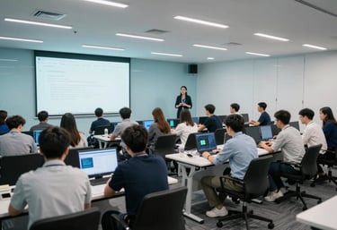 A wide shot of a modern corporate seminar room with students engaged in a technology workshop, professional and innovative setting, global international context, light blue palette.