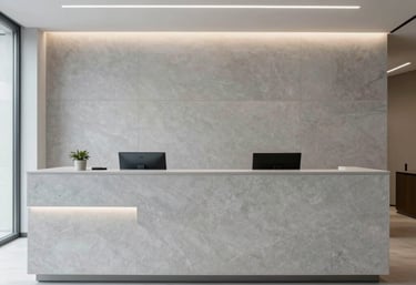 Interior of a modern and minimalist law firm reception in Italy, featuring clean lines, light gray stone surfaces, and professional lighting, European style.