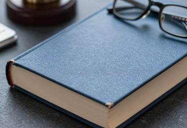 Close-up of legal books and a pair of glasses on a desk, soft professional lighting, slate blue tones.