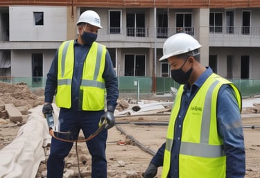 A diverse team collaborating around a laptop in a modern office with navy and electric blue accents.