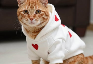Gato atigrado naranja con un suéter de capucha para mascotas blanco con estampados de corazones