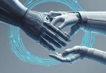 Smiling business owner shaking hands with an AI consultant after a successful meeting.