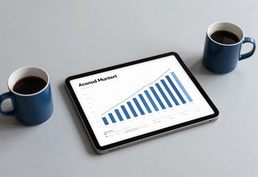 Minimalist desk setup with a tablet showing growth analytics, a coffee cup, and deep space blue accents on a clean mist surface.
