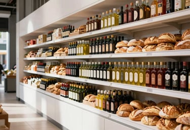 A bright and airy shot of a modern food market interior in a South American city. Shelves are stocked with artisanal oils and breads. The lighting is crisp, highlighting the clean architecture and fresh atmosphere.
