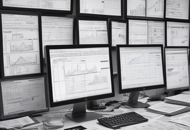 A sleek workspace with multiple screens showing organized data charts and graphs.