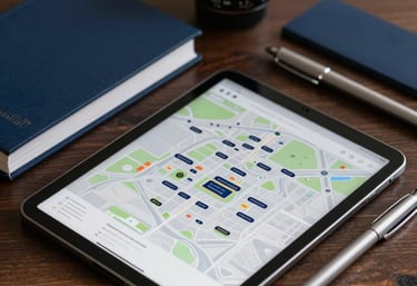 Close-up of elegant event materials on a dark wood surface: a professional pass, a sleek tablet showing a venue map, and high-end stationery, all in shades of navy blue and soft silver.
