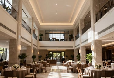 Professional photography of a wide, sunlit foyer in a contemporary Brazilian event venue, with high ceilings and elegant architectural lines, focused on organization and flow.
