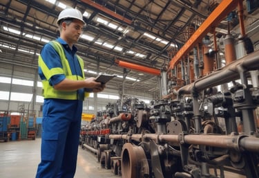 Inspection technician examining industrial equipment in a bright workspace.