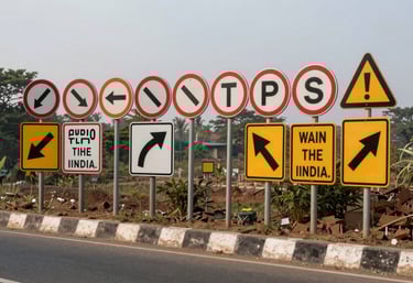 A variety of professional traffic sign boards—speed limits, directional, and safety warnings—expertly installed on a clean roadside in India.