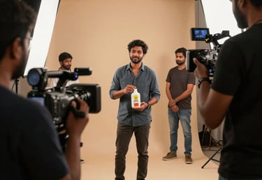 An influencer filming a product review video in a bright, stylish room.