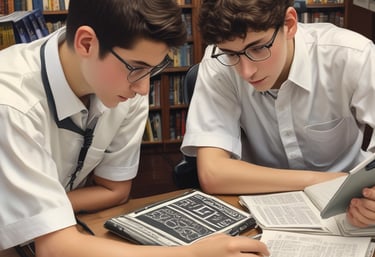 A classroom blending modern technology and traditional Jewish learning atmosphere.