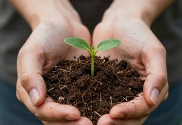 Macro photography of gentle hands holding a small handful of rich soil with a tiny green sprout, soft North American lighting, themes of growth and grounding.
